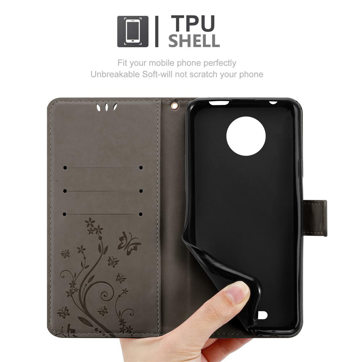 Custodia grigia aperta con telefono e fessure per carte. Design floreale. Una mano tiene la custodia.