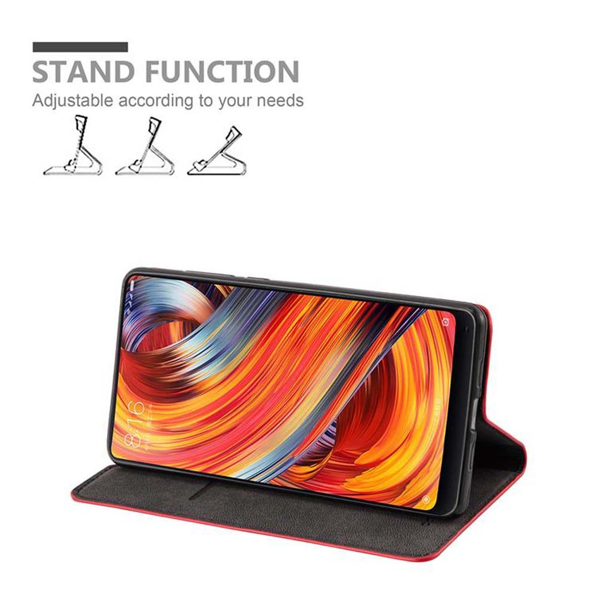 Telefono nero in una custodia, aperto per visualizzare un'immagine astratta rossa e arancione. Funzione supporto mostrata.