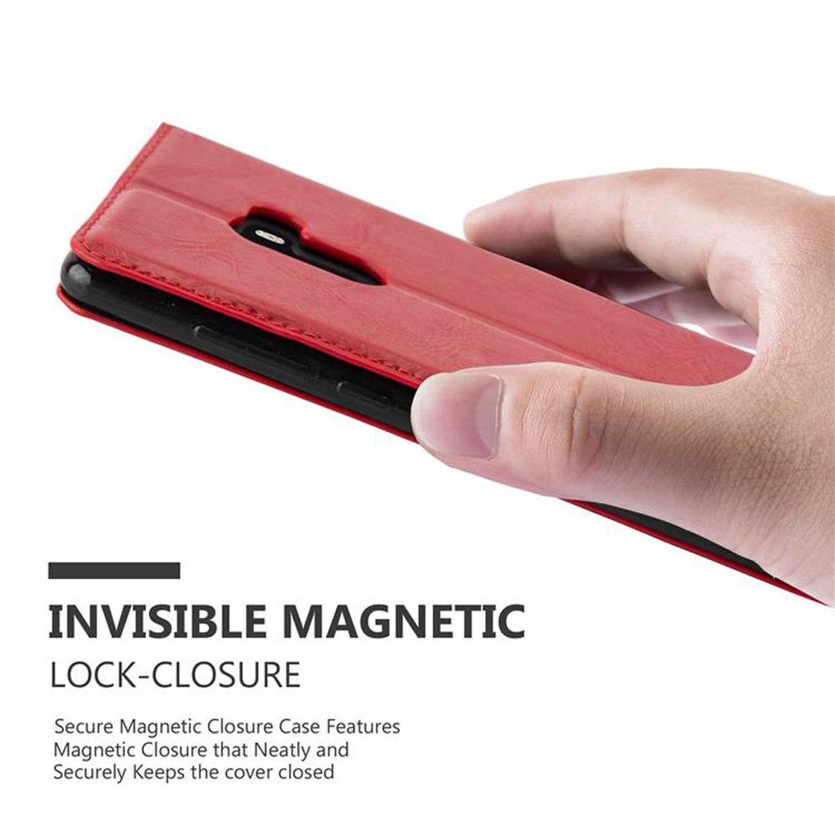 Una custodia per telefono rossa è chiusa, con un telefono all'interno. La custodia ha una chiusura magnetica e una descrizione della custodia.