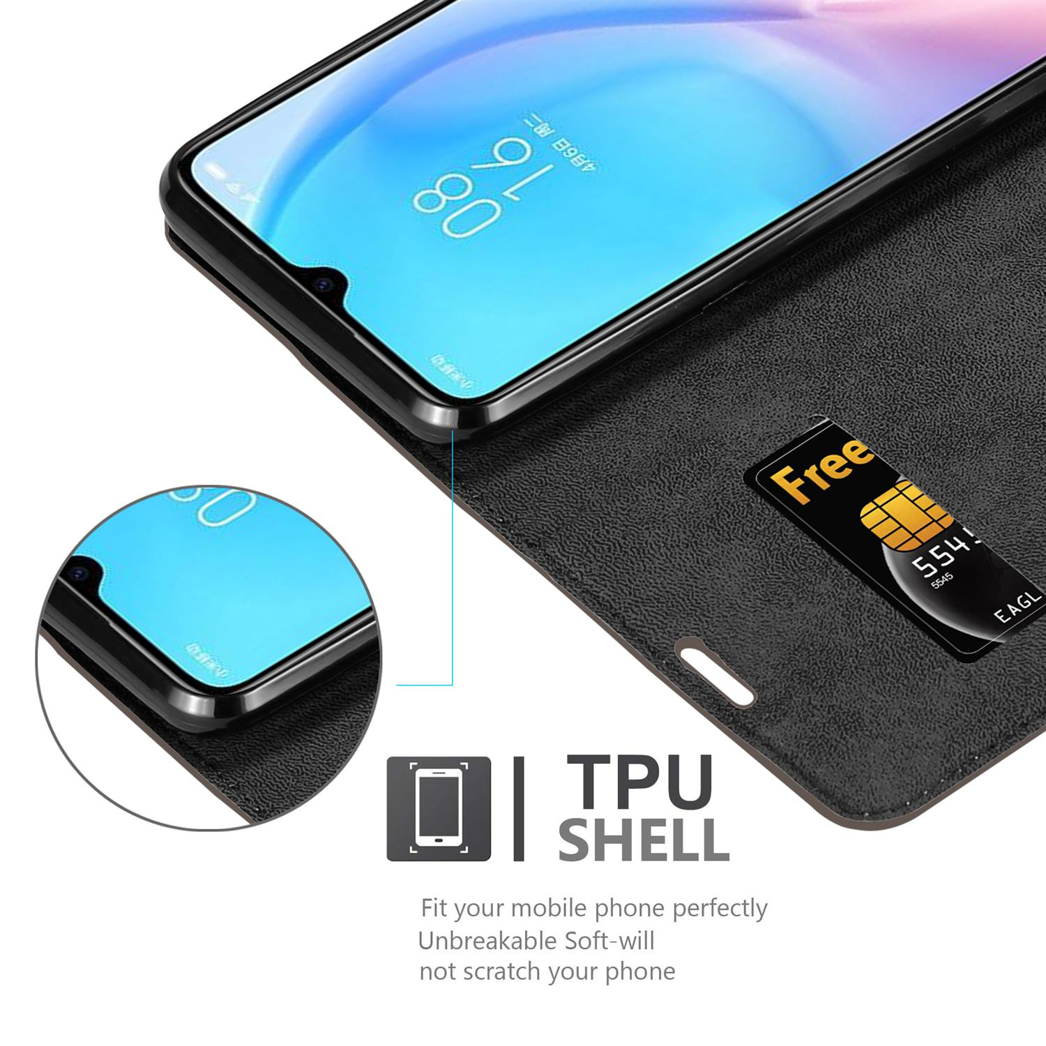 Custodia nera per telefono con schermo che mostra l'ora. Una SIM è nella custodia. Testo: Guscio in TPU.
