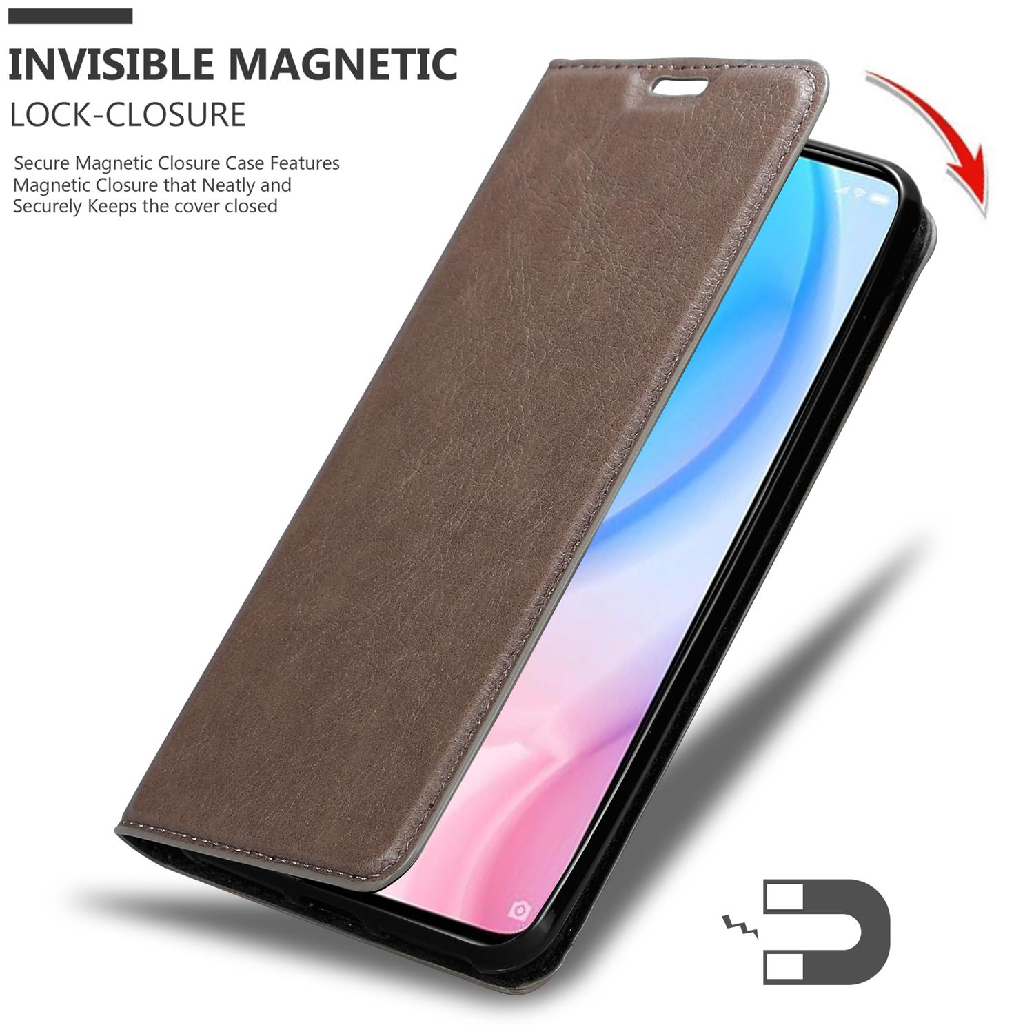 Custodia per telefono marrone aperta, che mostra un telefono all'interno. La chiusura magnetica è menzionata.