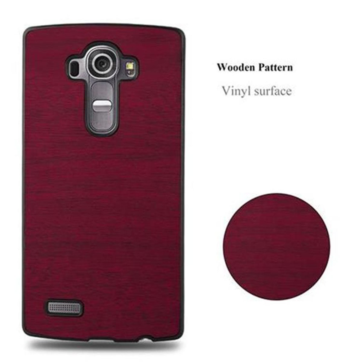 Una custodia per telefono bordeaux con un motivo in legno. Viene visualizzato un cerchio con un motivo simile.