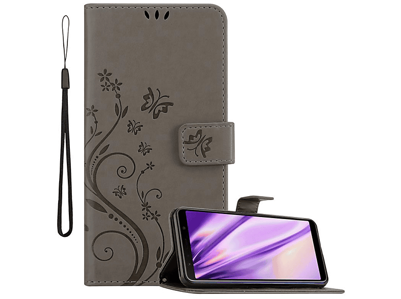 Bookcover, FLORAL Hülle Case, GRAU Flower Muster Galaxy Samsung, A7 Blumen 2018, CADORABO