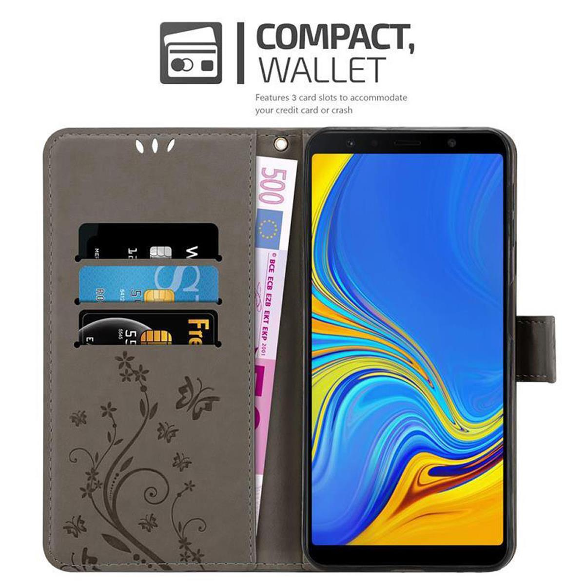Samsung, GRAU Muster Flower Bookcover, Case, FLORAL Blumen CADORABO Hülle A7 Galaxy 2018,
