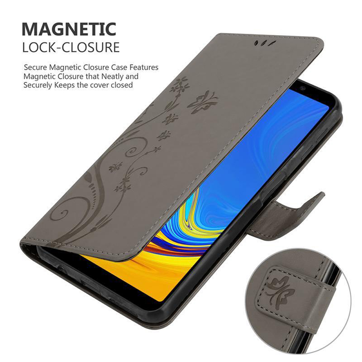 Custodia grigia per telefono con design floreale. Il telefono è all'interno. Chiusura magnetica visibile.