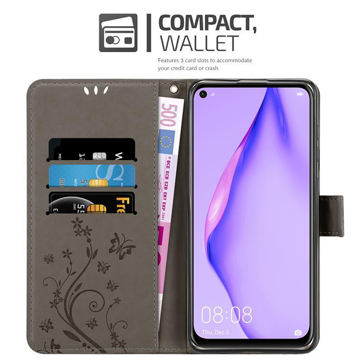 Un telefono in una custodia a portafoglio marrone con fessure per carte di credito, denaro e design floreale, con testo 'COMPACT, WALLET'.