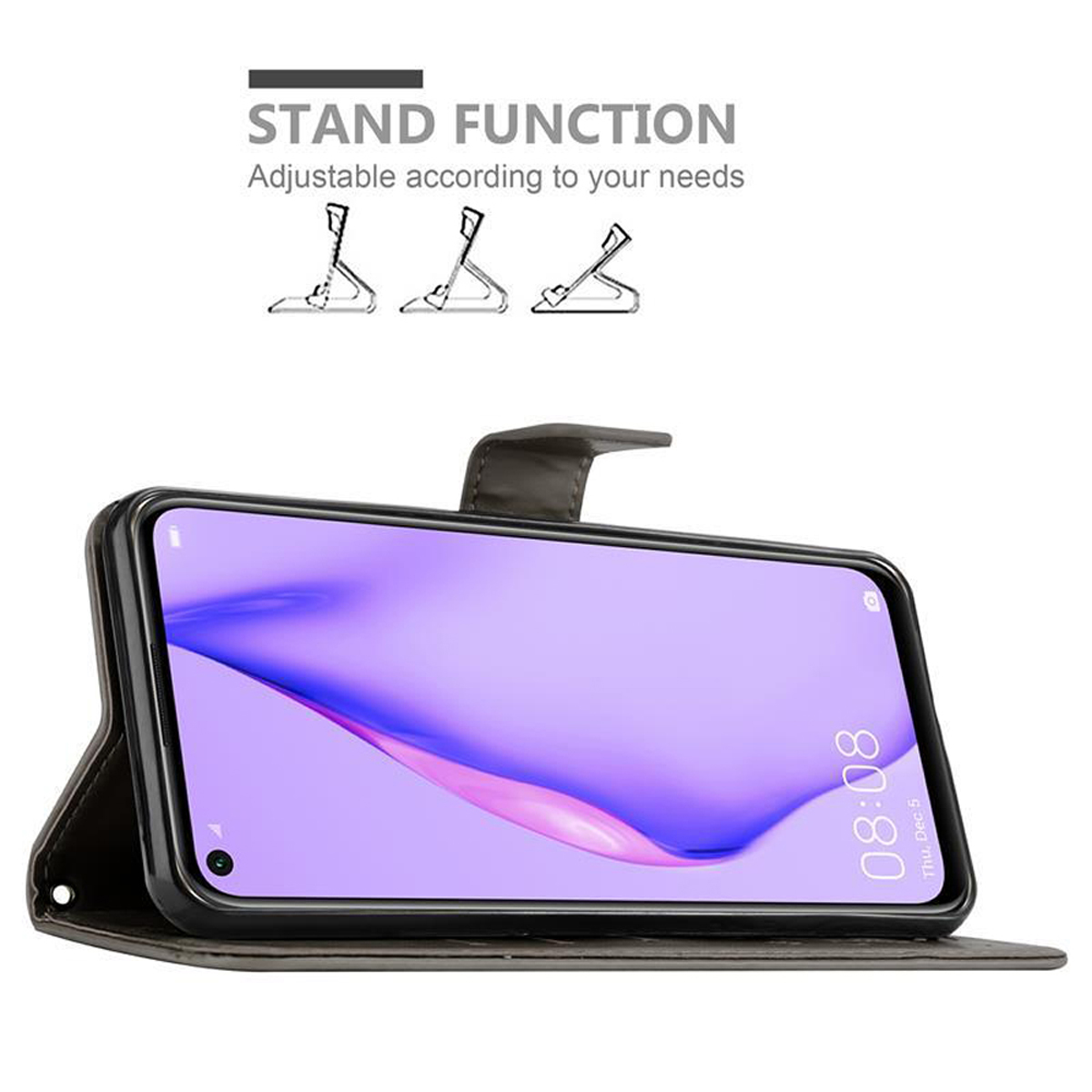 Custodia nera con telefono. Sfondo bianco, funzione stand.