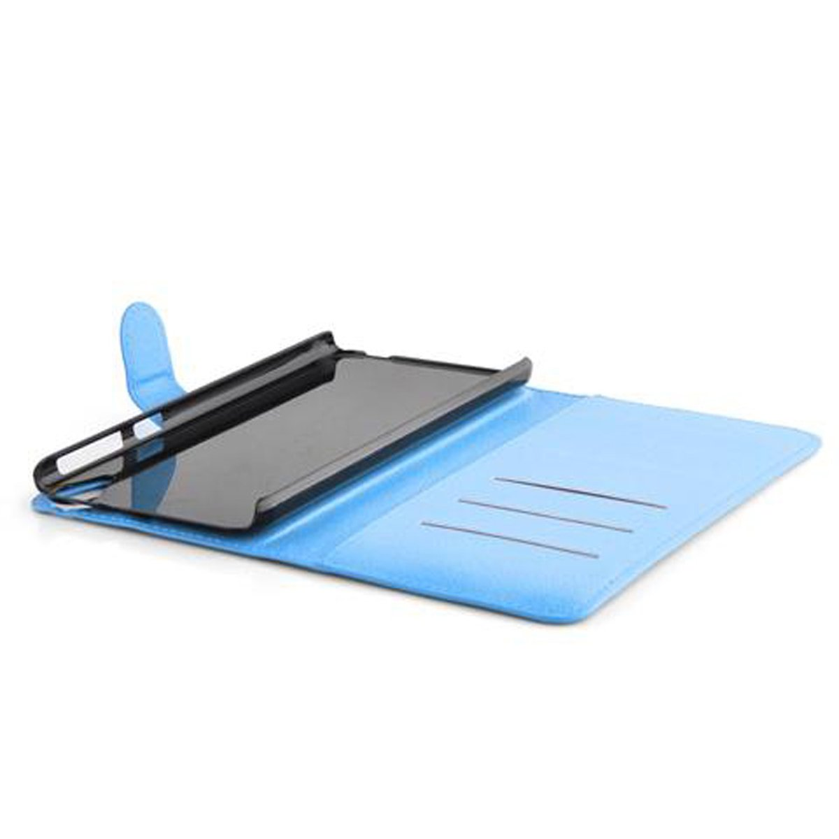 Custodia blu per telefono aperta, con telefono all'interno. La custodia ha fessure per carte. Lo sfondo è bianco.