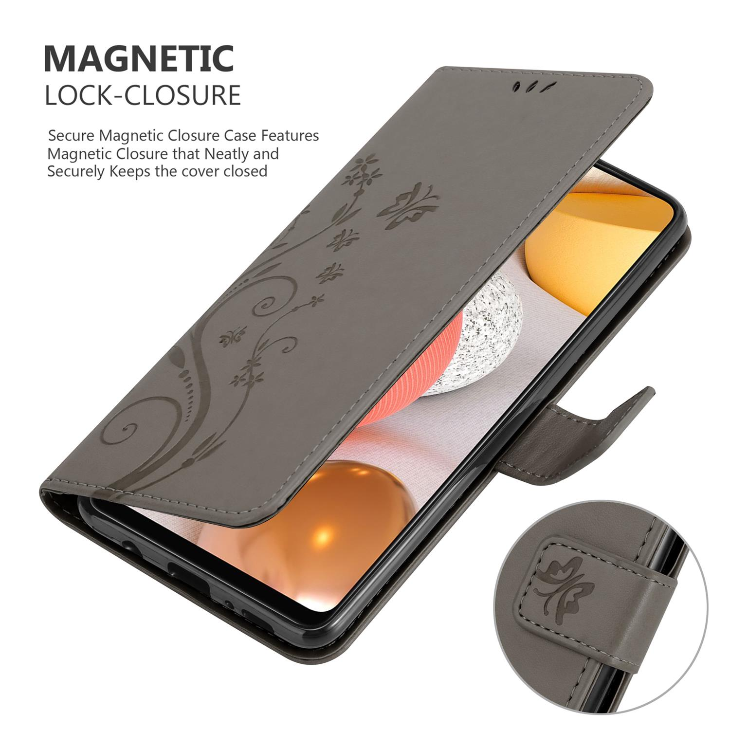 Custodia grigia con telefono, con design floreale e chiusura magnetica.