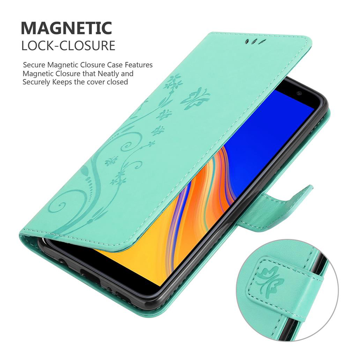 Una custodia per telefono verde acqua aperta, che rivela un telefono. La custodia ha una chiusura magnetica e un design floreale.