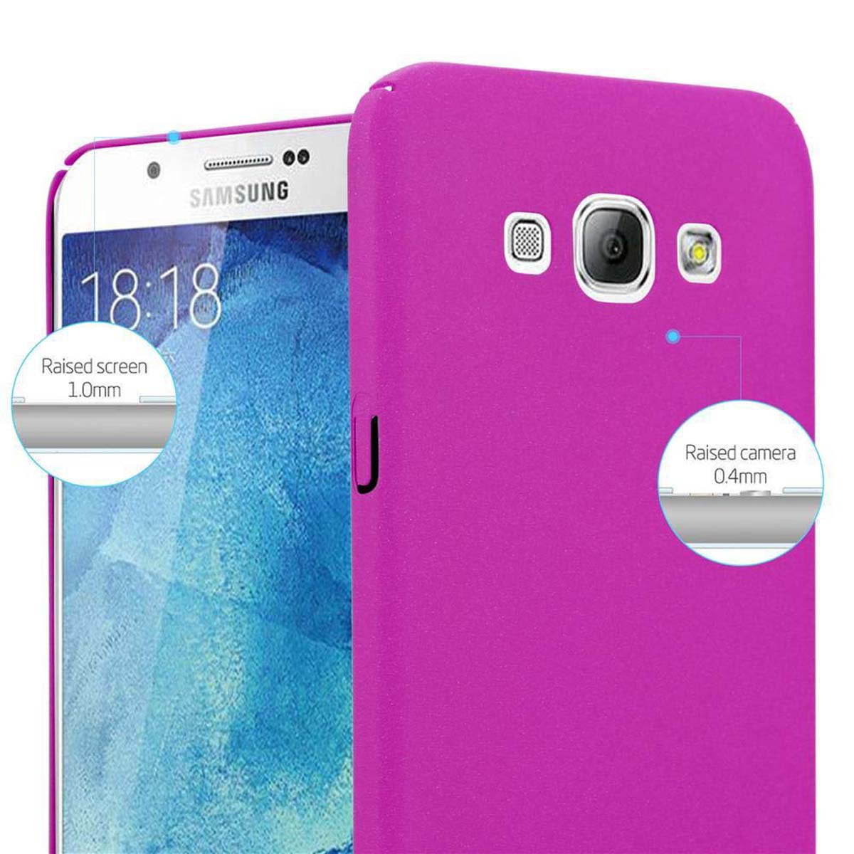 Una custodia rosa per telefono con schermo e il testo 'schermo rialzato' e 'fotocamera rialzata' con misure.