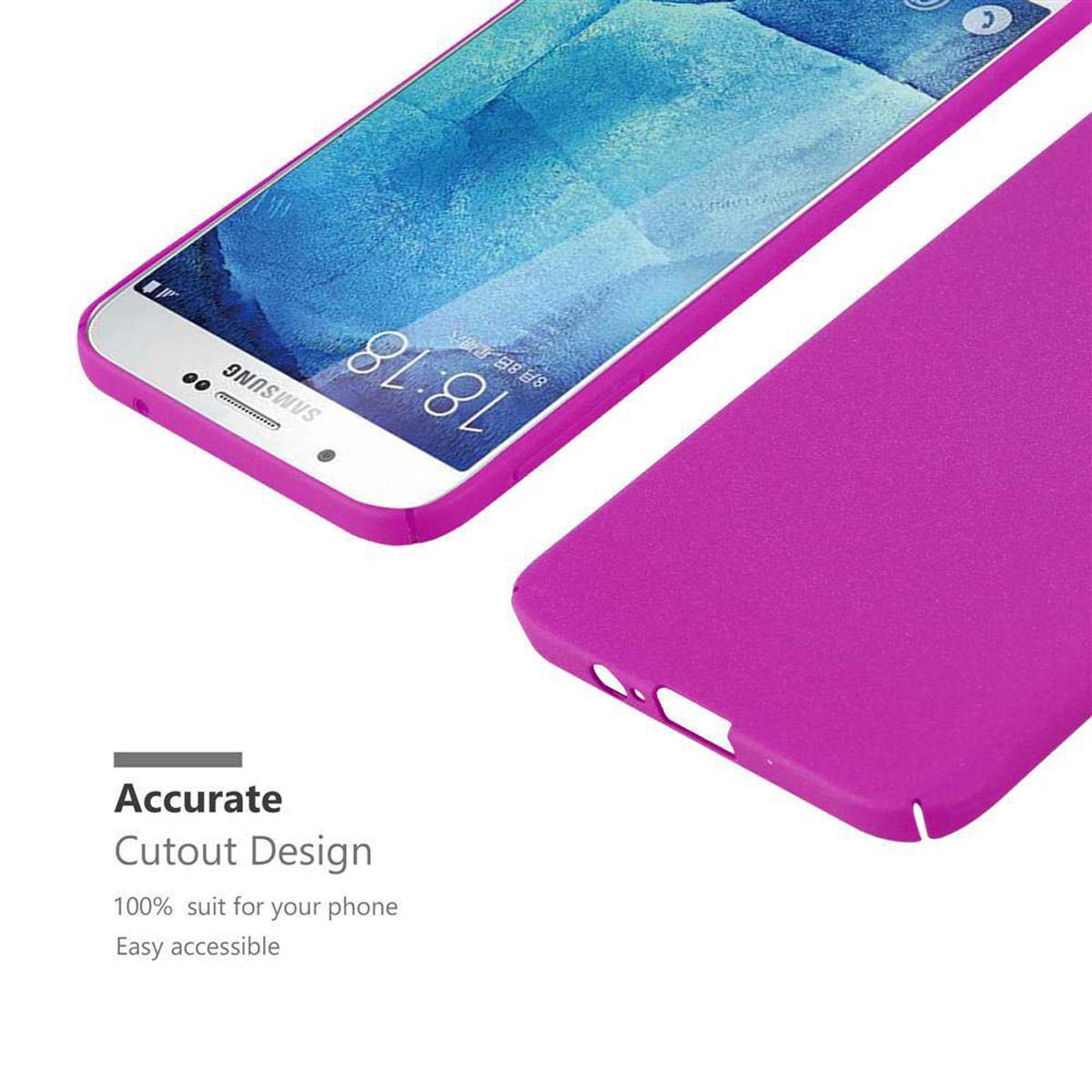 Un telefono rosa con una custodia rosa. Testo: Design di ritaglio accurato.