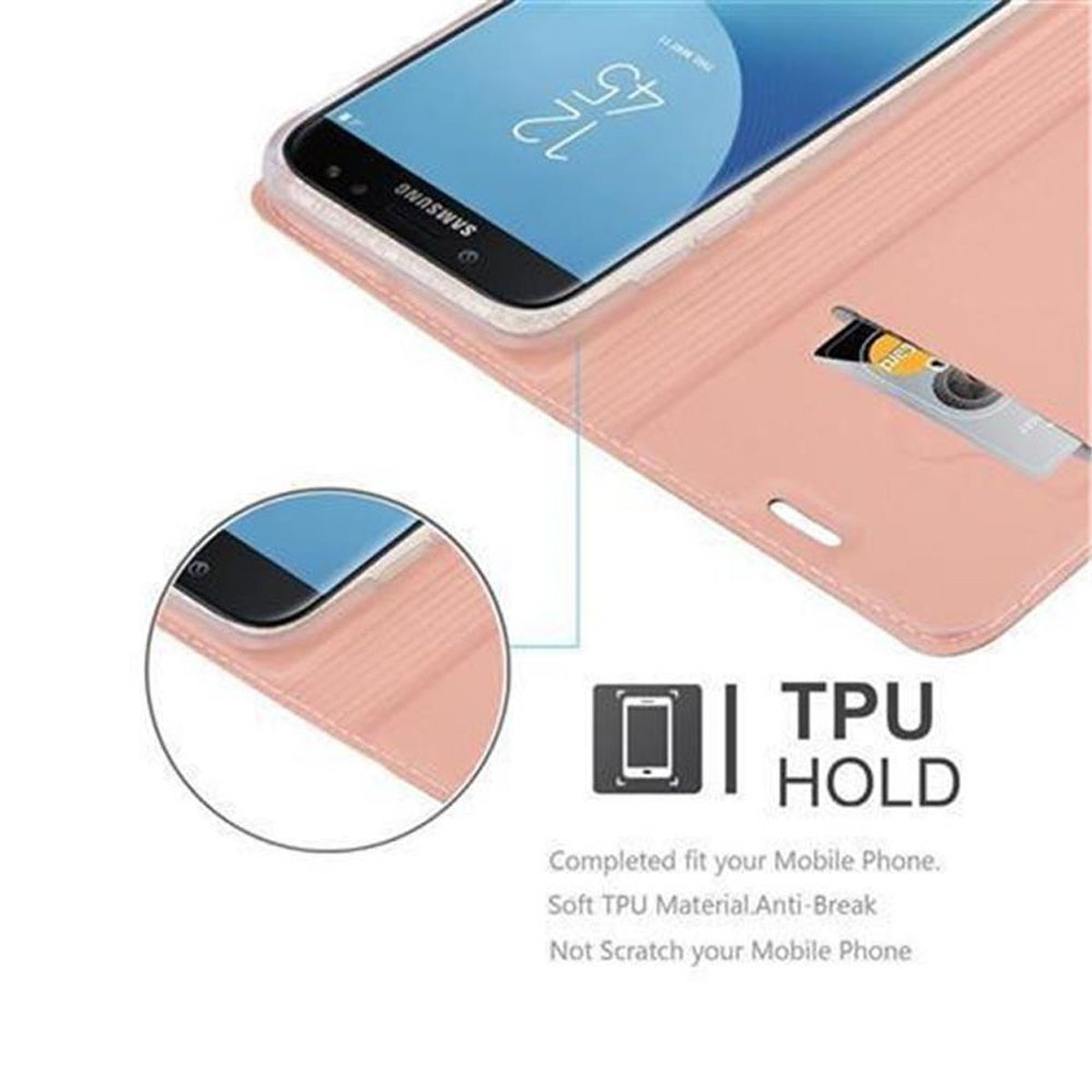 Telefono in custodia rosa, con fessura per carte. Primo piano della fessura.