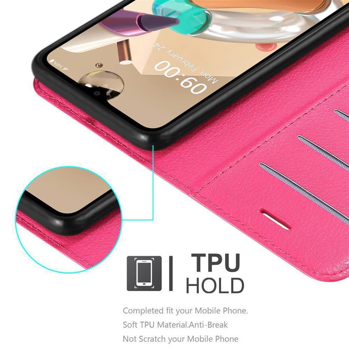 Custodia per telefono rosa, aperta, che tiene un telefono con uno schermo che mostra la data e l'ora.