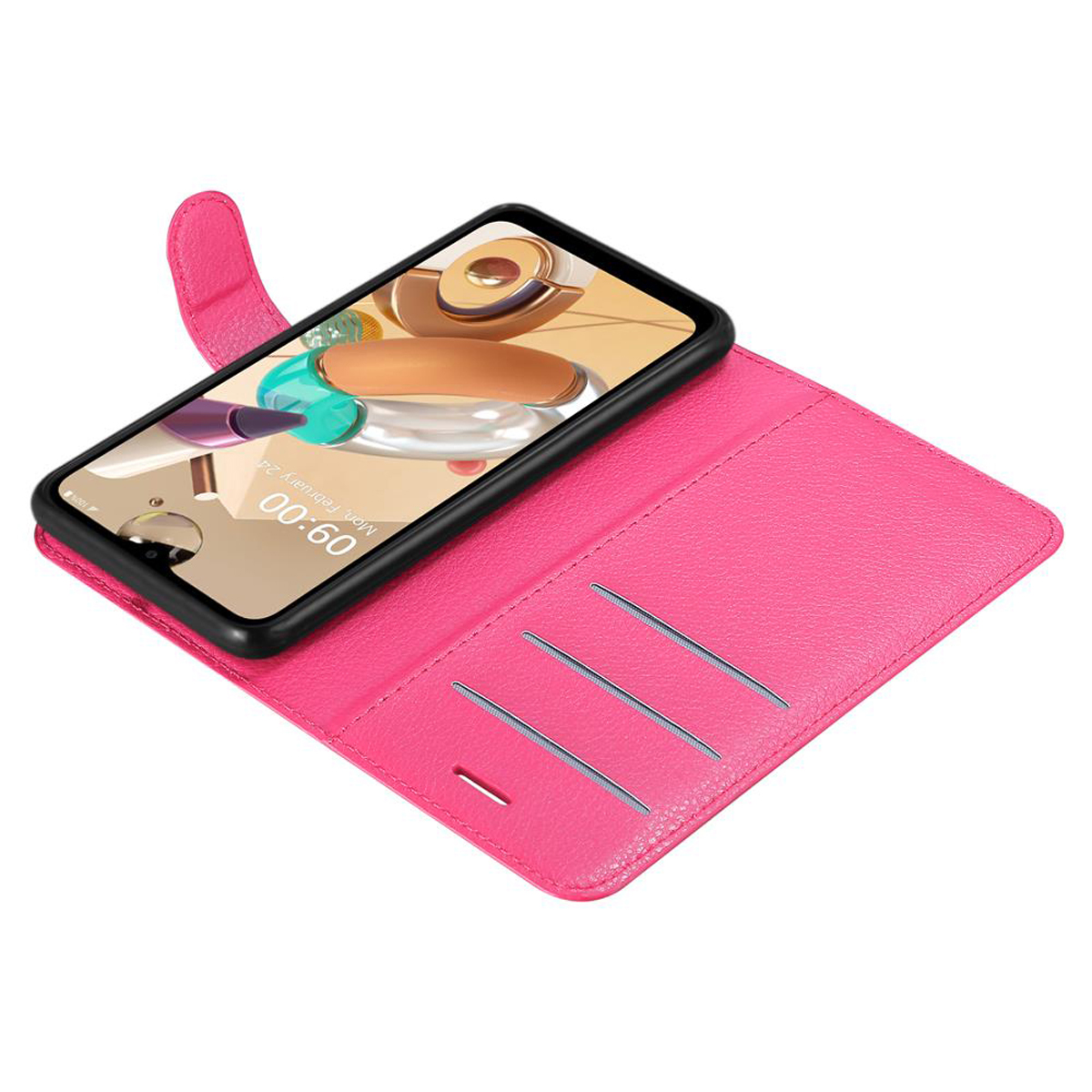 Una custodia per telefono rosa è aperta, rivelando un telefono con schermo che mostra l'ora. Ci sono fessure per carte.