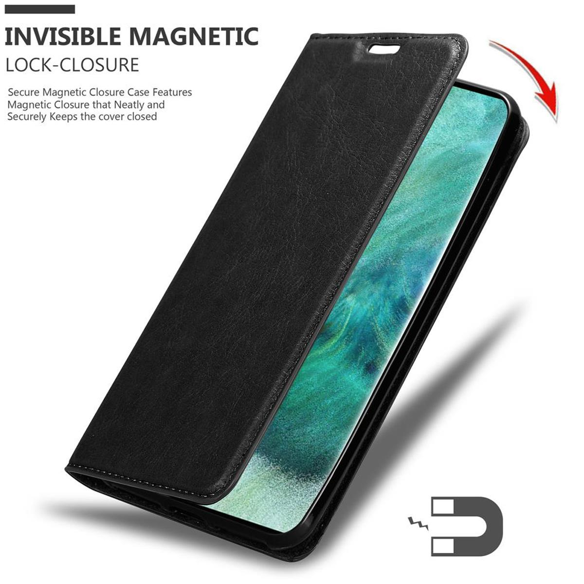 Custodia per telefono in pelle nera aperta, che rivela un telefono all'interno. Chiusura magnetica evidenziata.