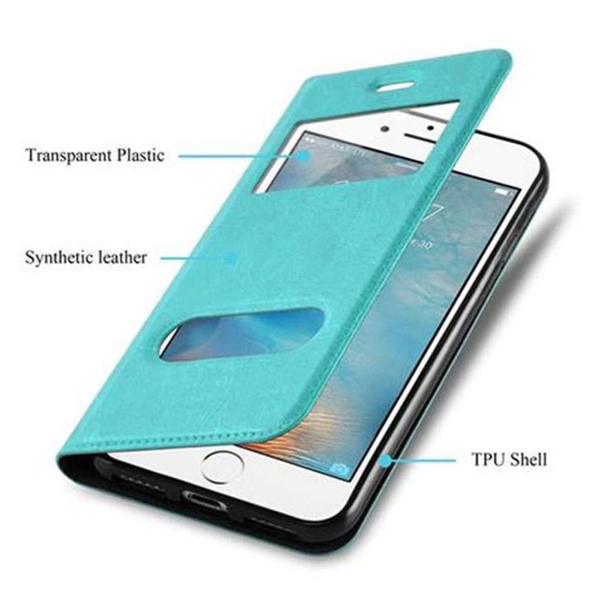 Custodia blu per telefono con finestra trasparente, che mostra un telefono. La custodia è realizzata in pelle sintetica e TPU.