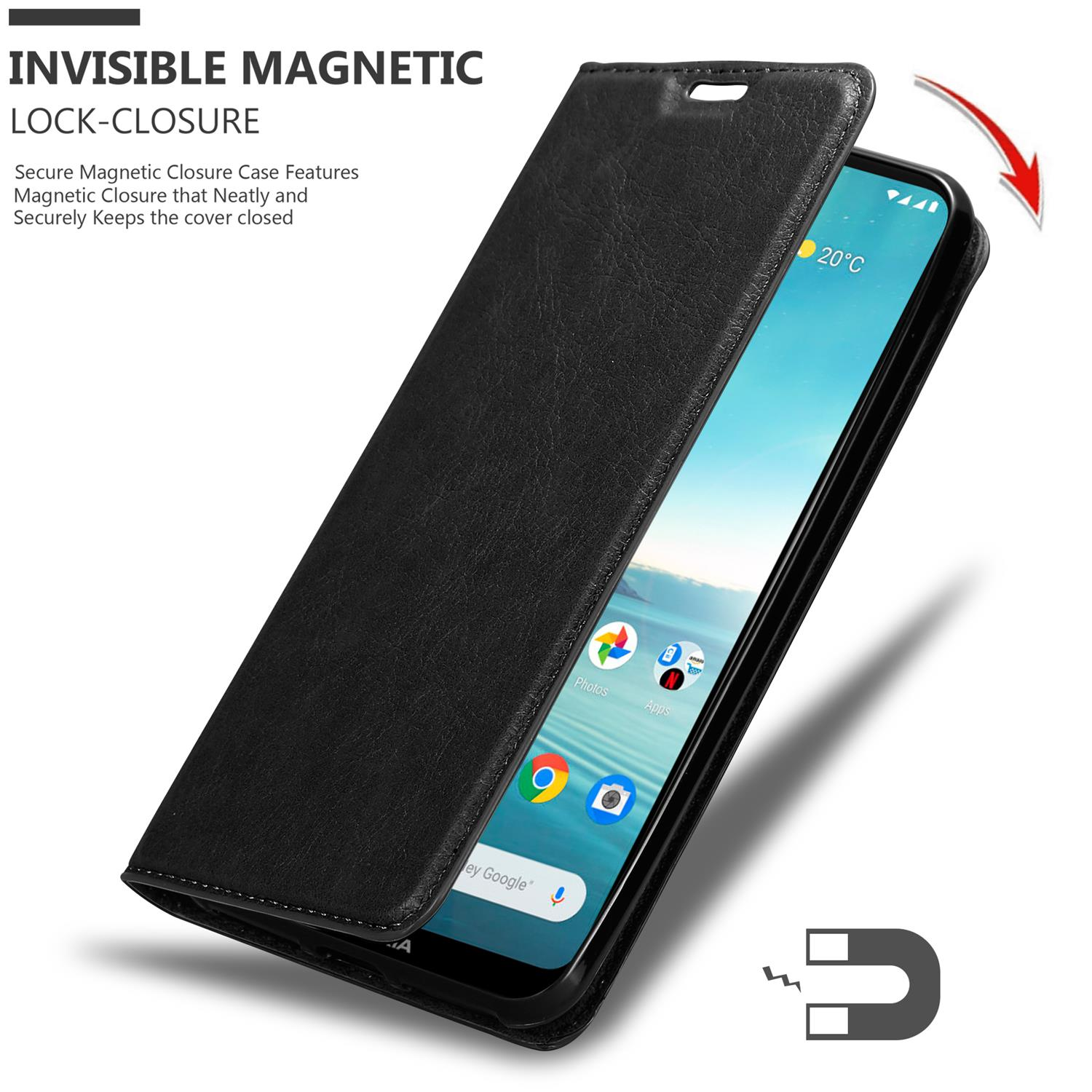 Custodia per telefono nera aperta, che rivela lo schermo del telefono con le app. Testo: Chiusura magnetica invisibile.
