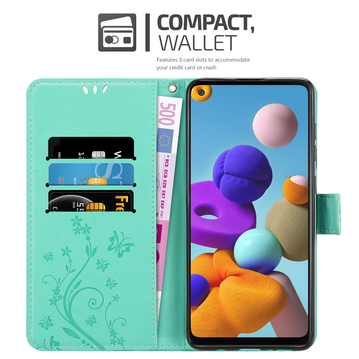 Étui portefeuille turquoise avec téléphone. Intérieur : cartes, argent. Le téléphone affiche des formes.