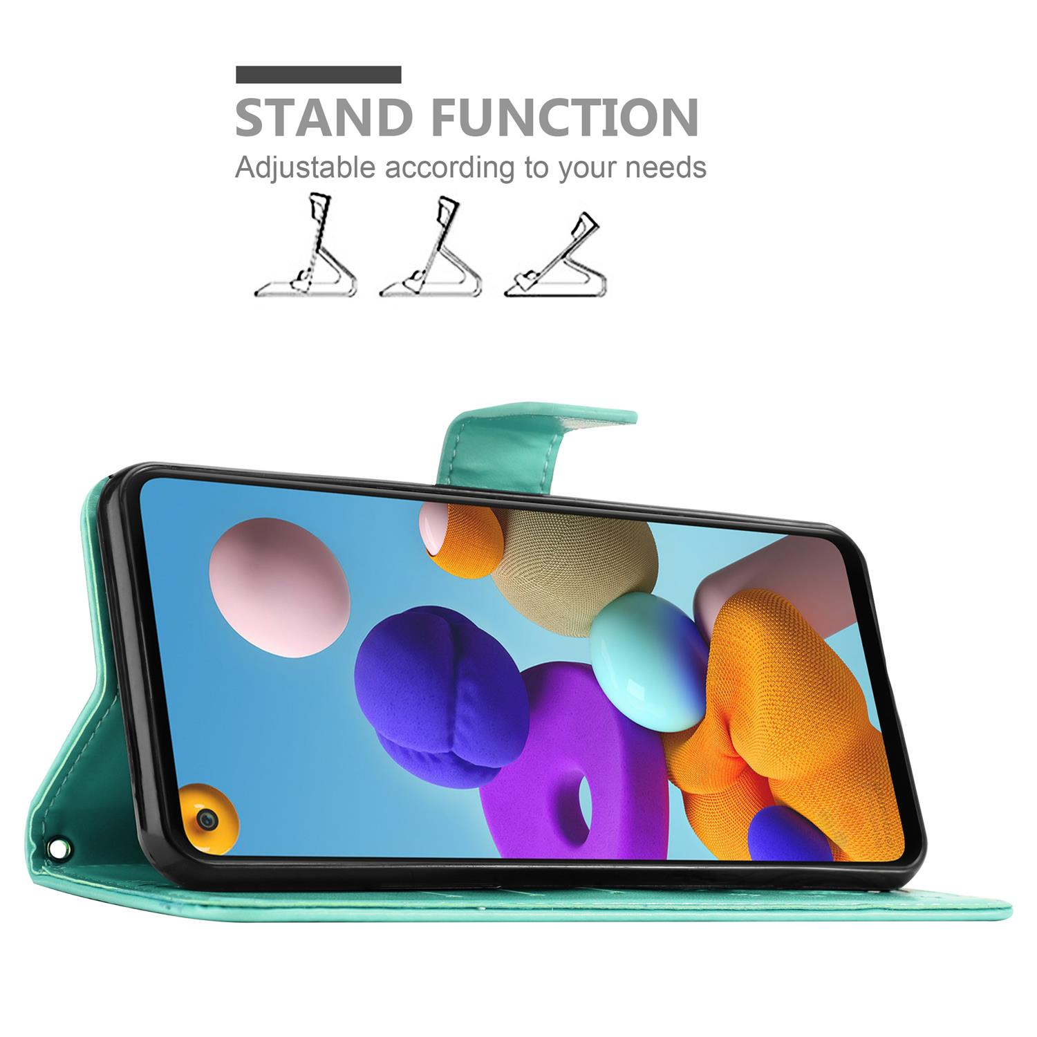 Étui turquoise avec fond abstrait coloré, fonction support.