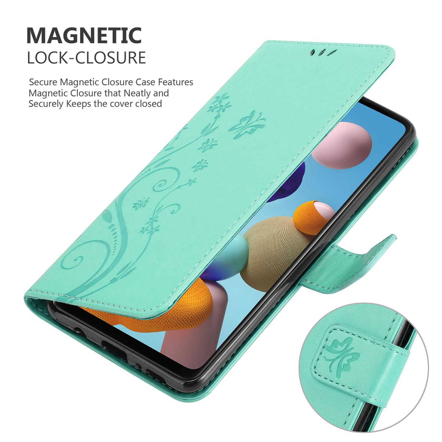 Étui de téléphone sarcelle, ouvert, avec un téléphone à l'intérieur. Texte : Verrouillage magnétique.