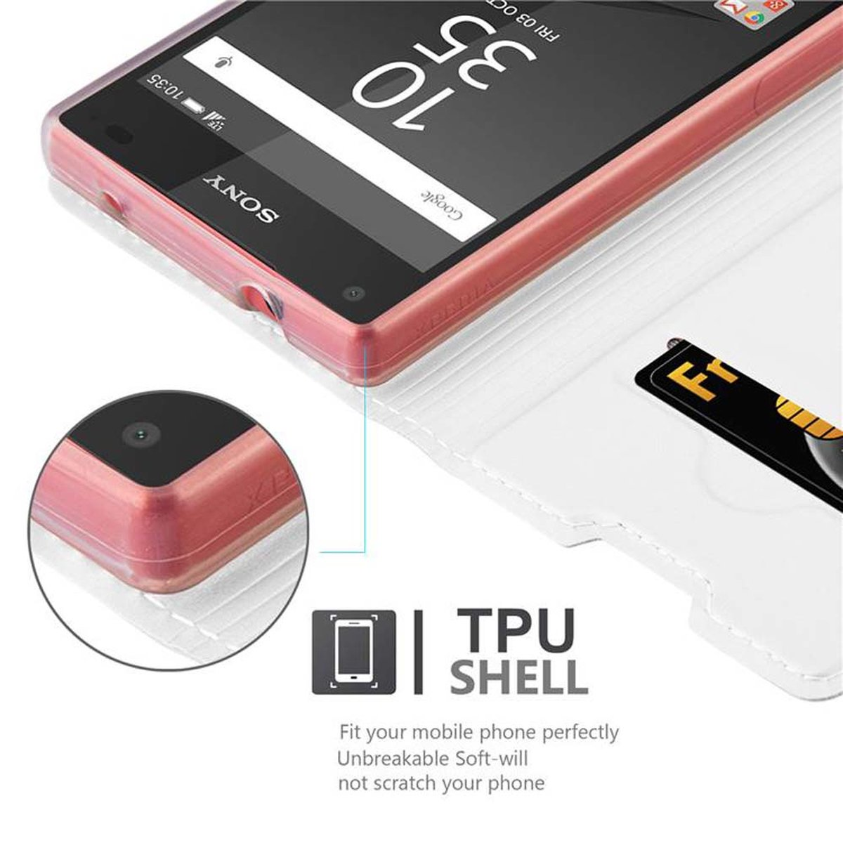 Rosa Handyhülle offen, Telefon innen. Weißer Text sagt TPU SHELL und Beschreibung.