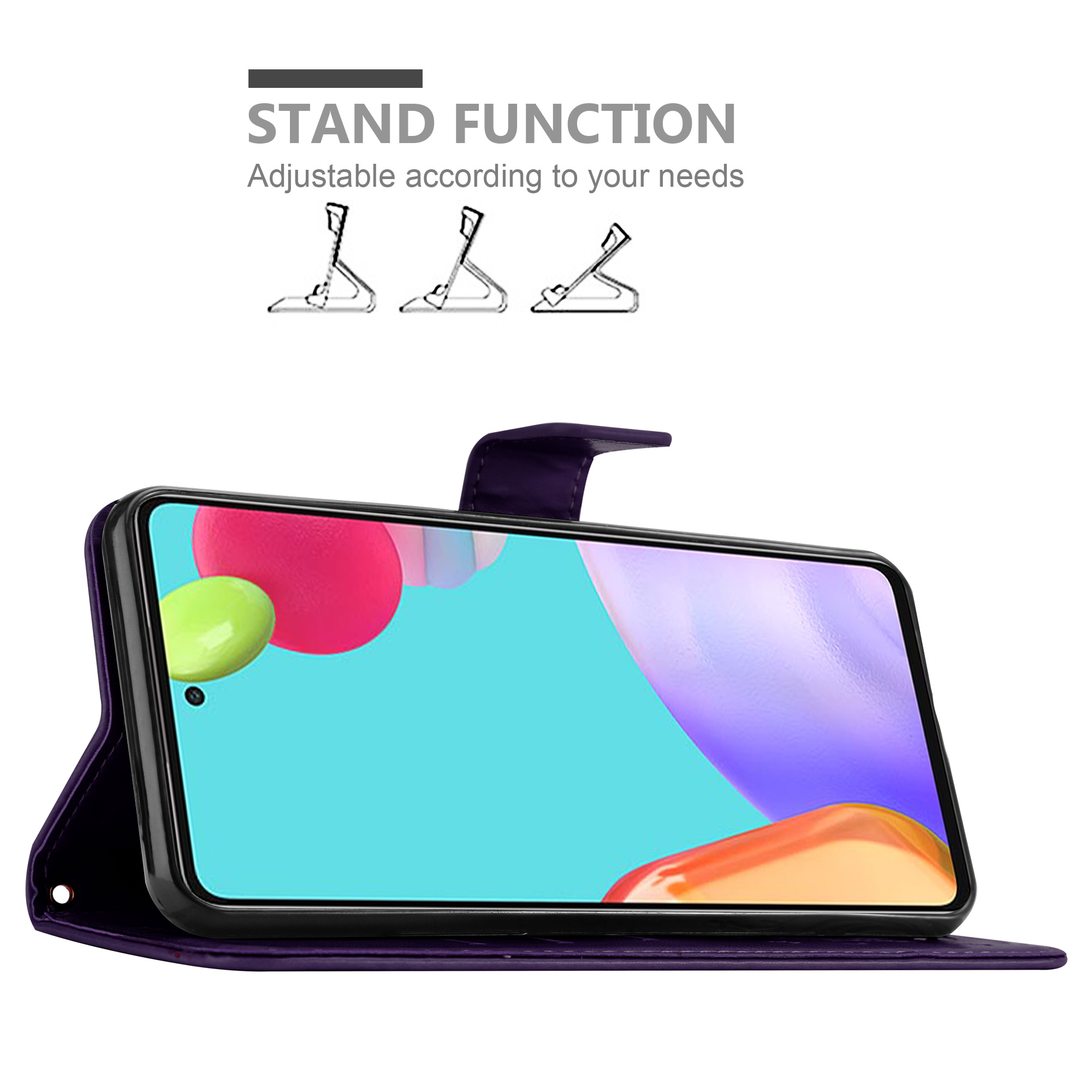 Lila Handyhülle mit Standfunktion, Telefon auf einem Ständer, der bunte Formen auf dem Bildschirm zeigt.