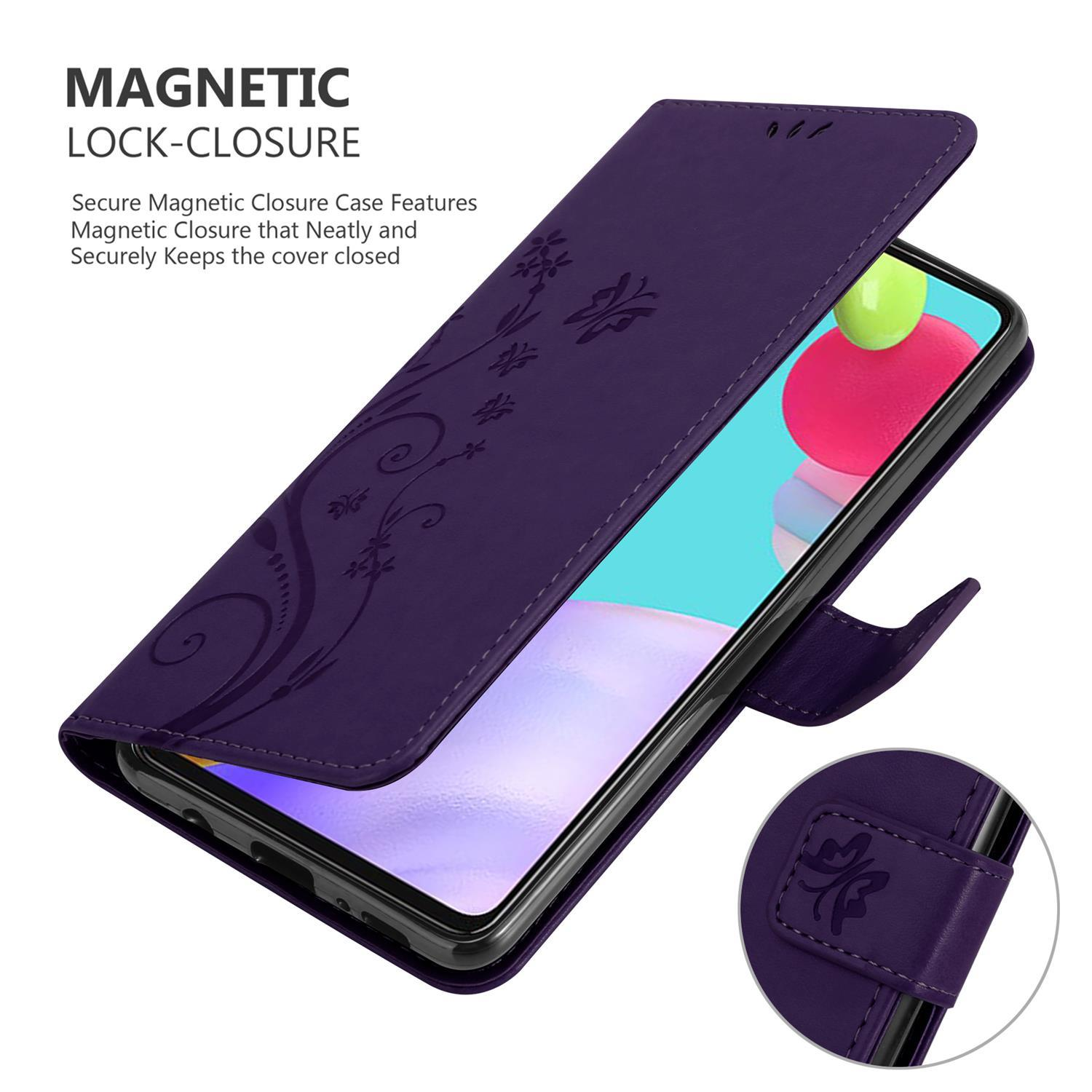 Geöffnete lila Handyhülle mit Telefon. Detailliertes Blumendesign und ein Magnetverschluss.