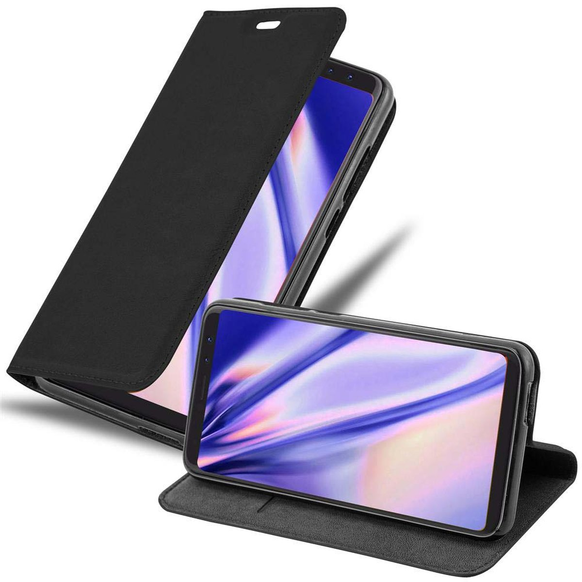 Custodia nera per telefono aperta, che mostra il telefono con schermo viola. Sfondo bianco.