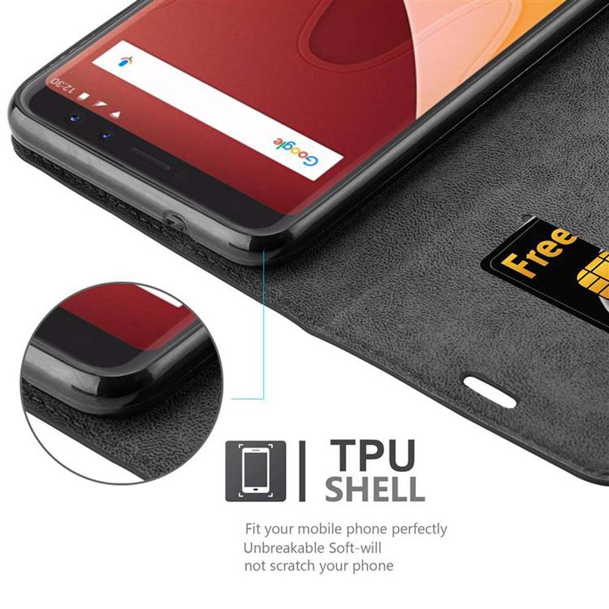 Telefono nero in custodia nera, aperto. Una carta è nello slot. Etichetta TPU shell. Lo schermo del telefono è visibile.