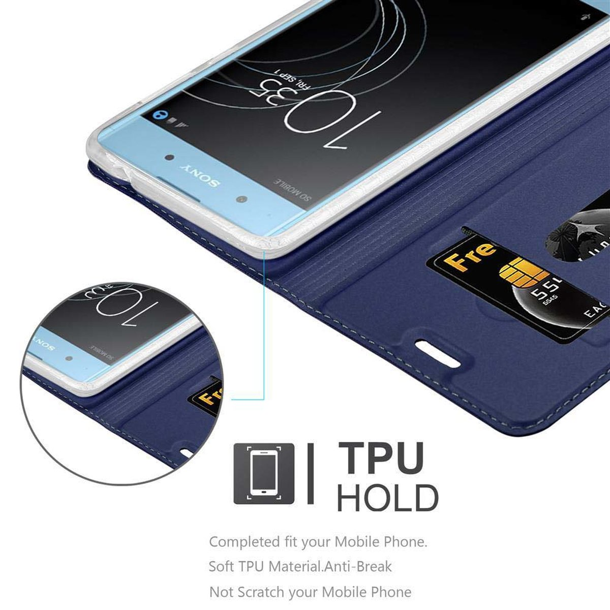 Telefon in blauem Etui. Bildschirm zeigt Zeit. Karten- und Etui-Details. TPU HOLD Beschreibung.