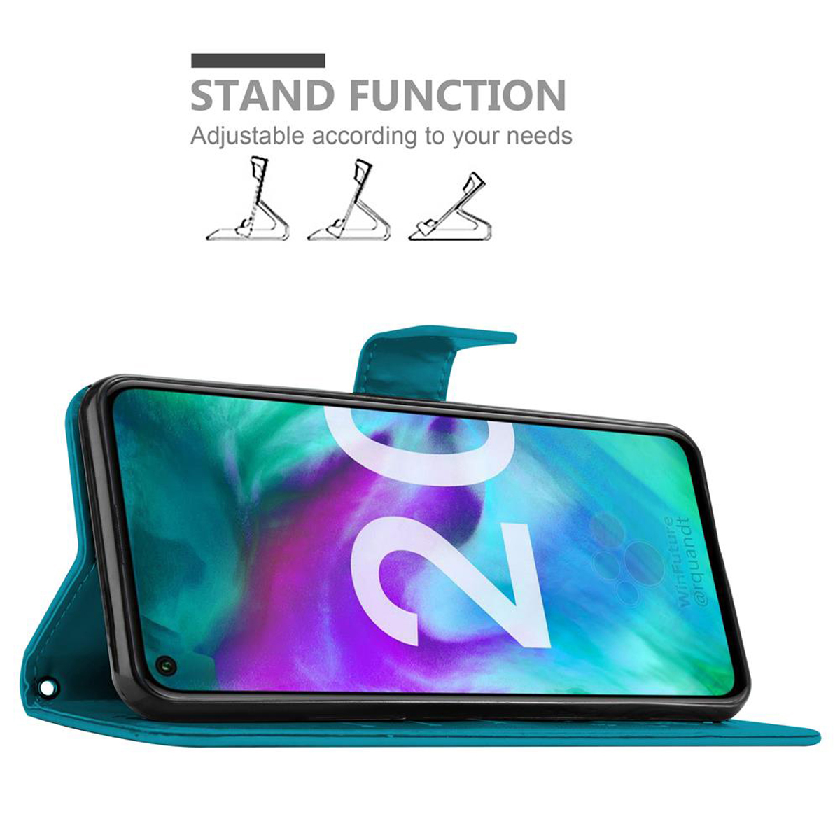 Türkisfarbene Handyhülle, offen. Telefonbildschirm eingeschaltet. Standfunktion Grafik oben.