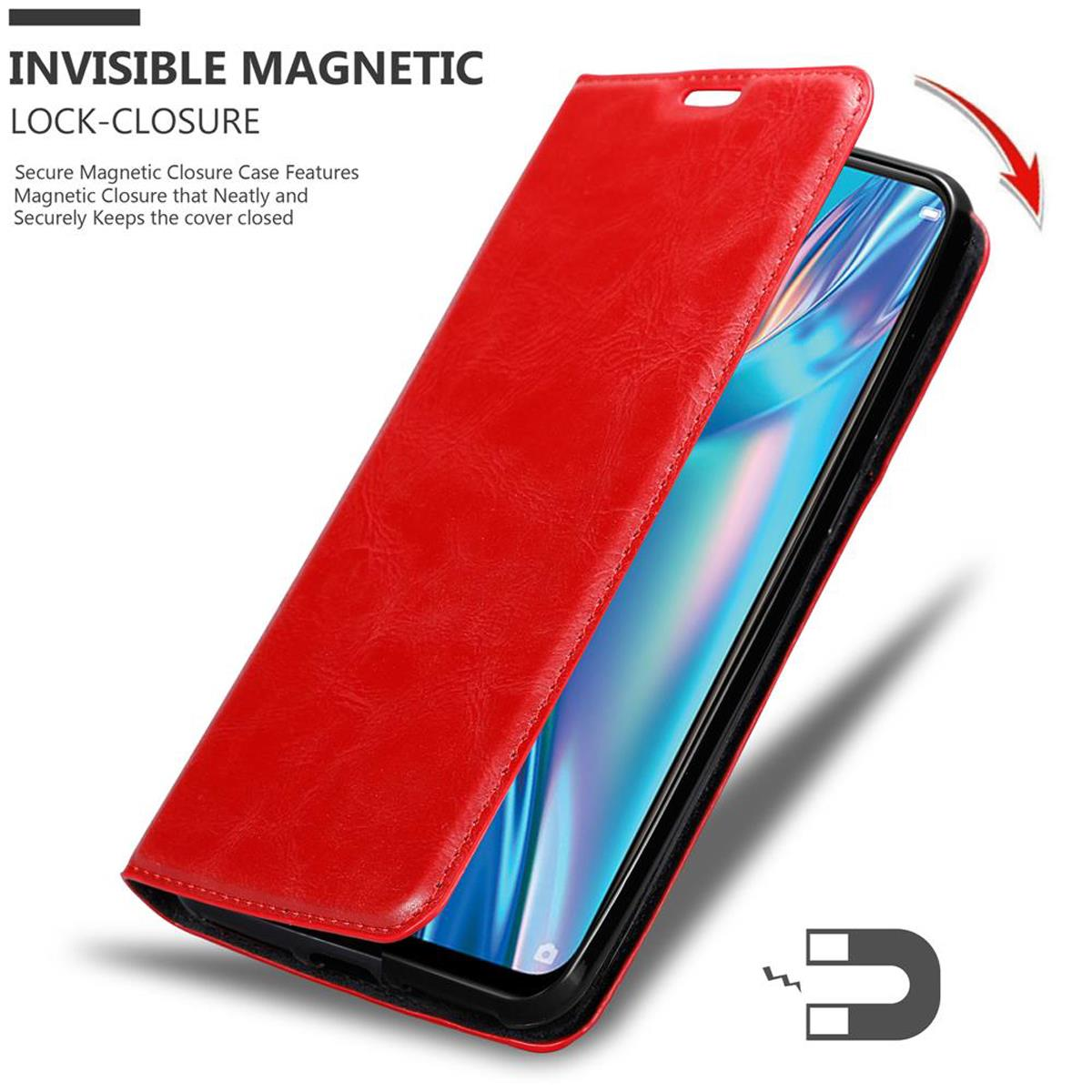 Custodia rossa aperta, mostra il telefono. Testo: Chiusura magnetica invisibile.