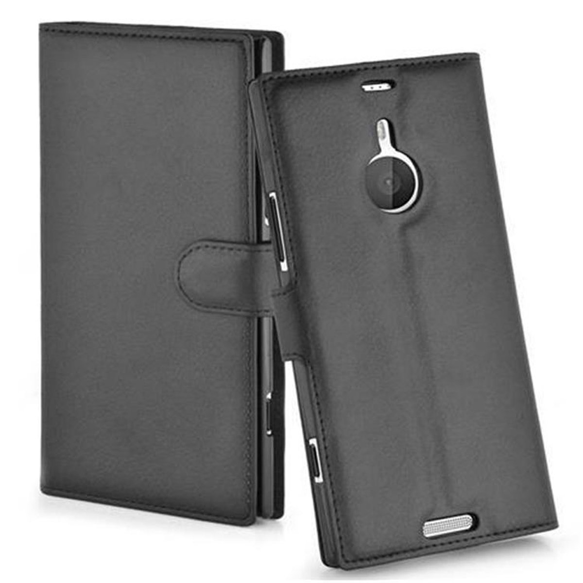 Custodia per telefono grigia bicolore. La custodia è aperta, rivelando la fotocamera del telefono. La custodia ha una chiusura.