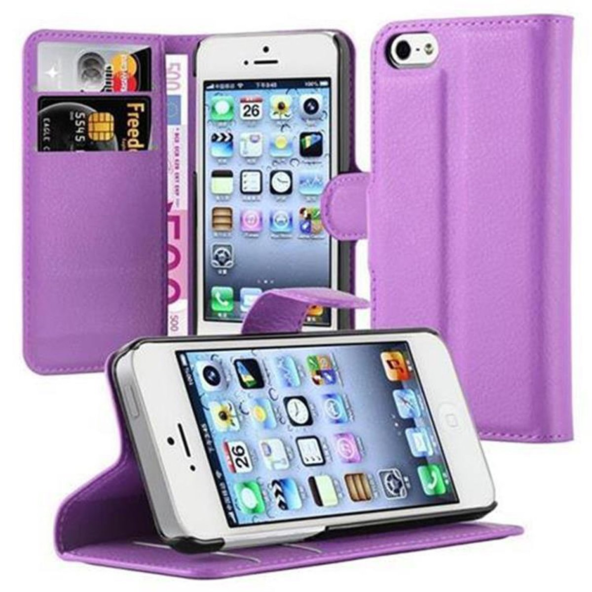 Custodia viola per telefono con slot per carte e tasca per soldi. Un telefono si trova nella custodia aperta.