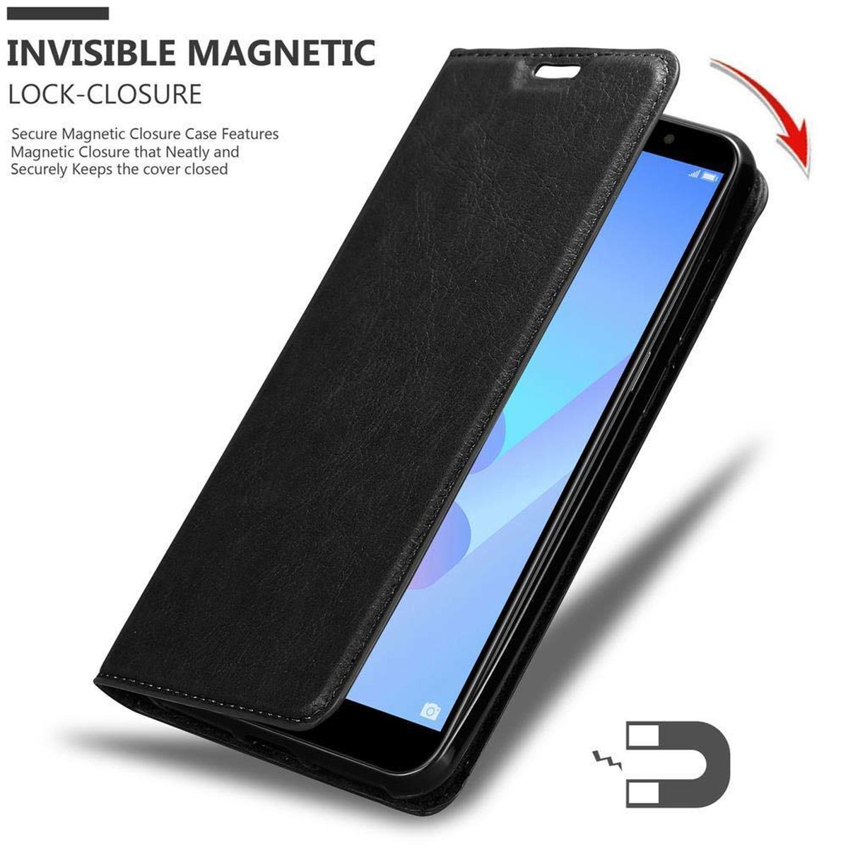 Custodia nera per telefono, aperta che mostra un telefono all'interno. Un'immagine magnetica illustra la chiusura magnetica.