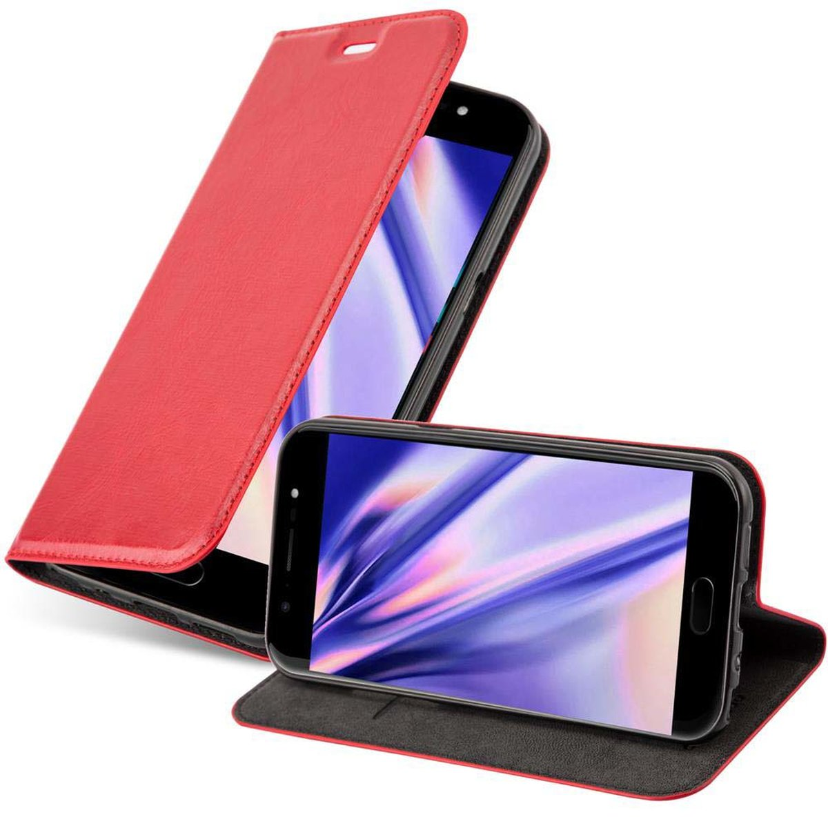 Rote Handyhülle mit zwei Handys, eines offen und eines geschlossen. Telefone haben schwarze Bildschirme.