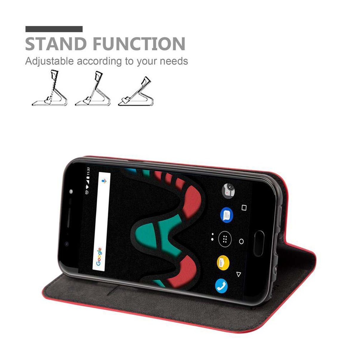 Telefon in einer Hülle mit Standfunktion. Das Telefon ist schwarz und die Hülle rot.