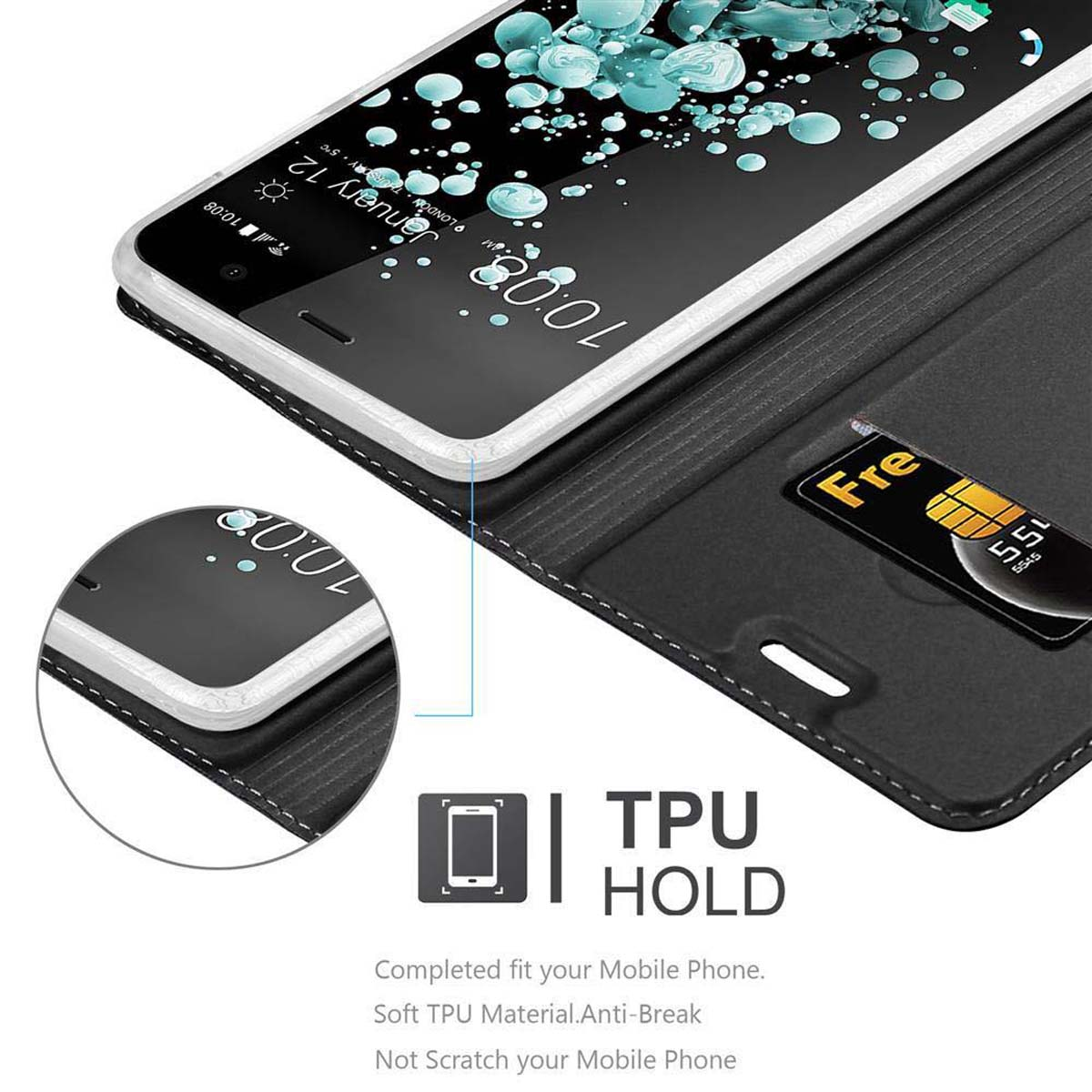 Schwarze Handyhülle mit Telefon. Text: TPU HOLD. Detail zeigt Telefon und Hülle.