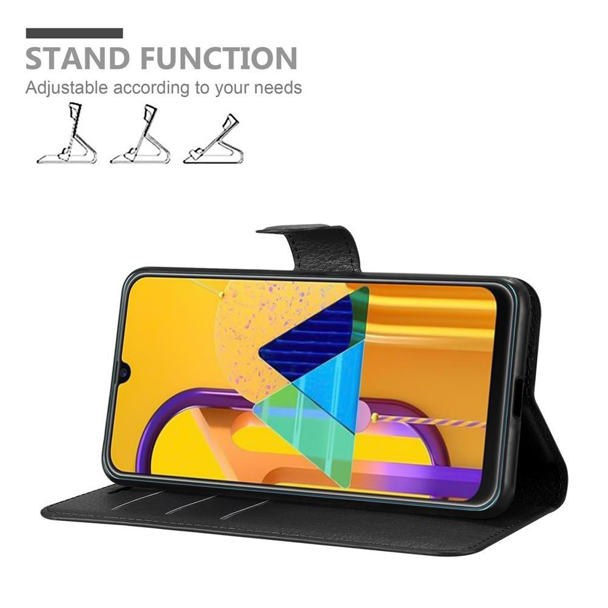 Schwarze Handyhülle, die ein Telefon in einem Winkel hält und einen Bildschirm mit bunter Oberfläche zeigt. Ständerfunktion wird gezeigt.