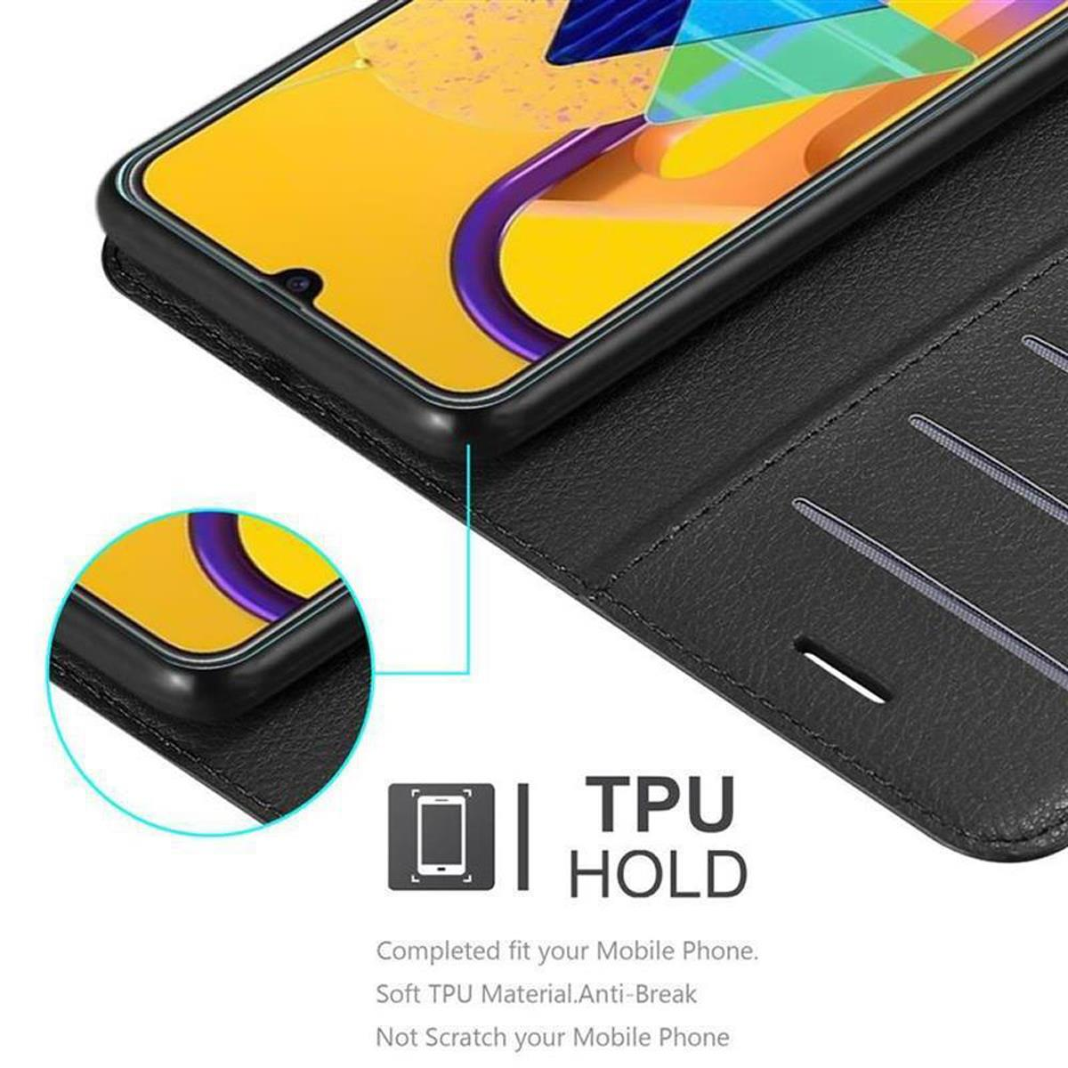 Schwarze Handyhülle mit Telefon, offen. Bildschirm und Details der Hülle sichtbar.