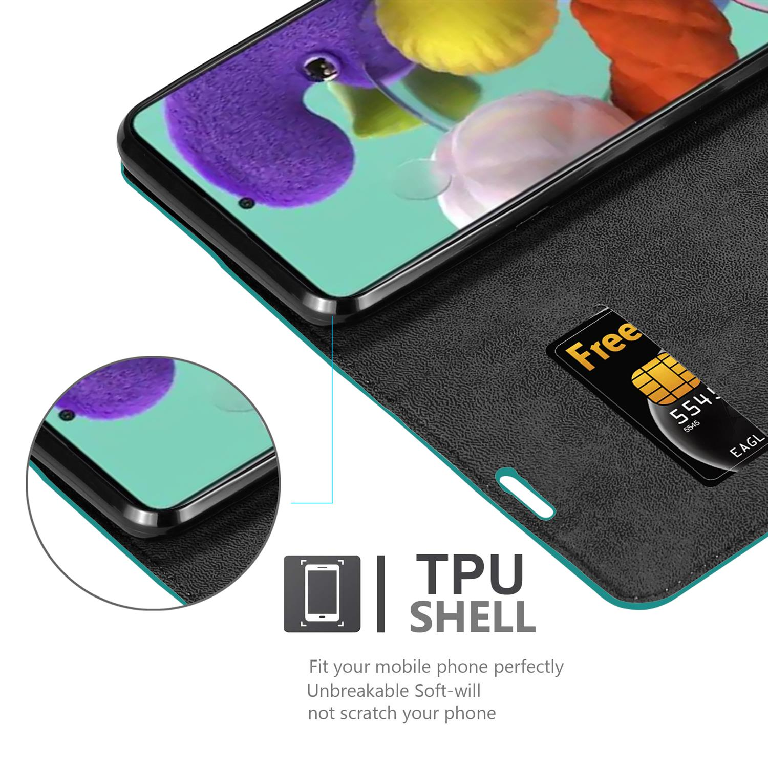 Schwarze Handyhülle, offen, mit Telefon. Eine Karte sichtbar. TPU-Design.