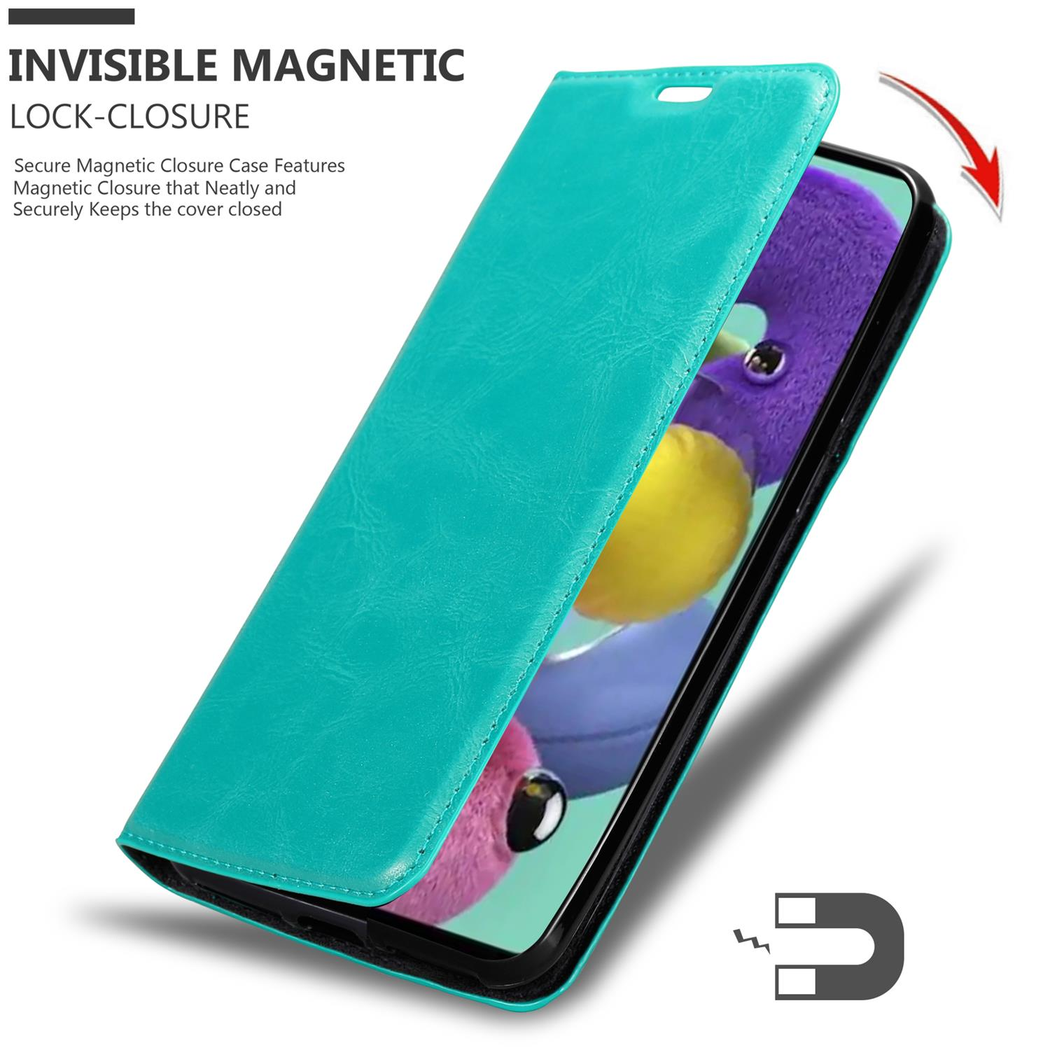 Türkisfarbene Handyhülle mit Telefon. Text: 'Invisible Magnetic Lock-Closure'.