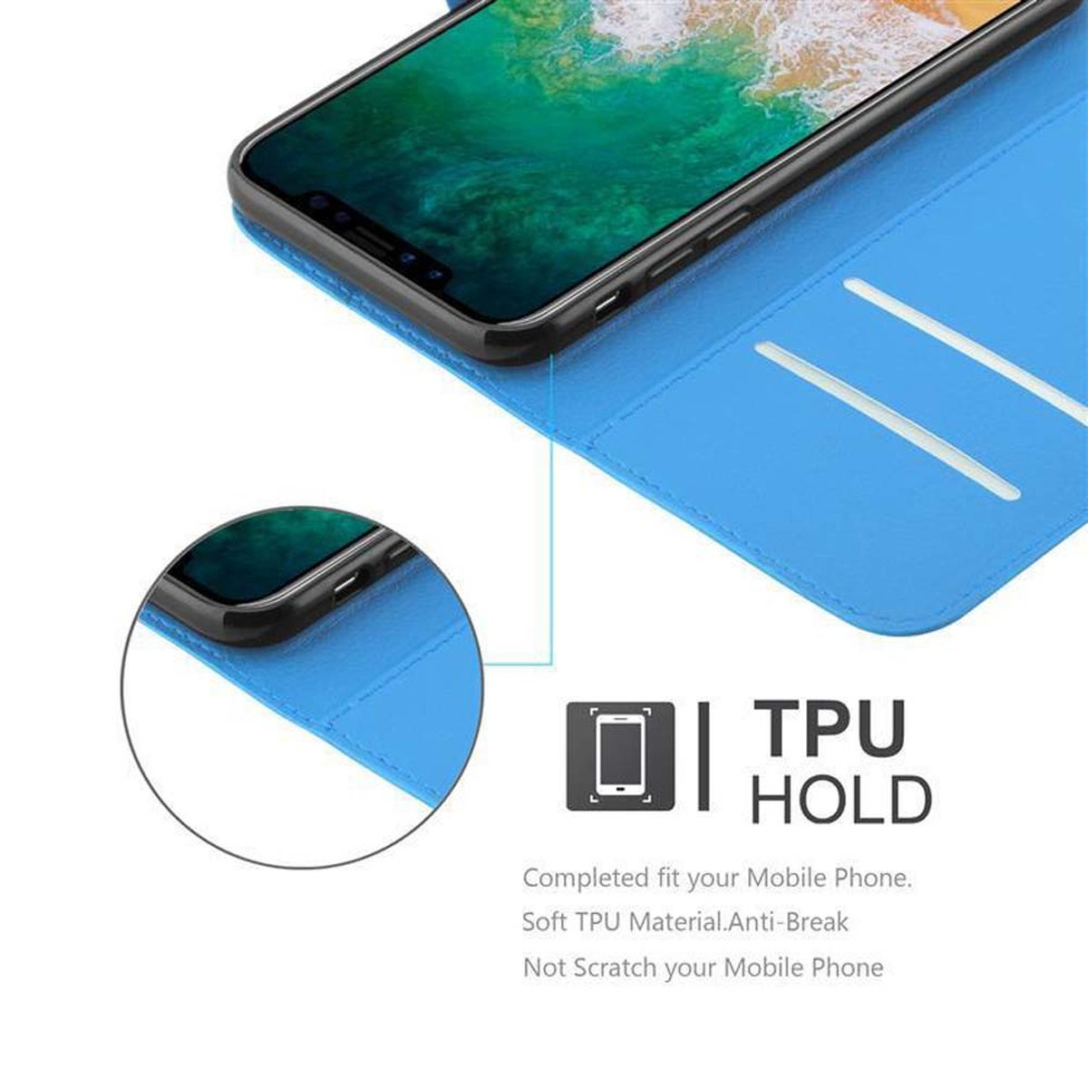 Una custodia a portafoglio blu con un telefono all'interno. Il telefono è visibile. Il testo mostra 'TPU HOLD'.