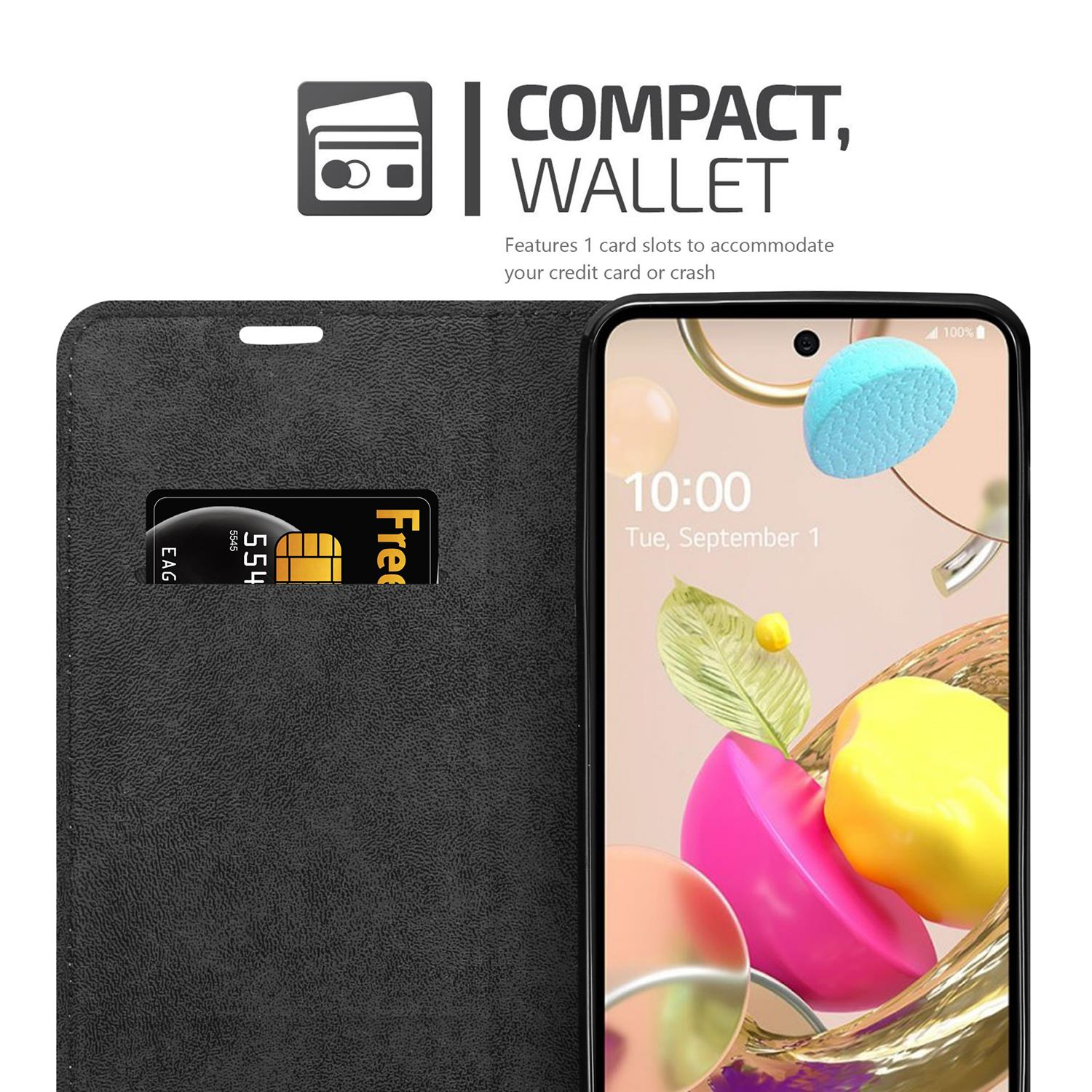 Schwarze Geldbörsenhülle mit Kreditkartenfach, Telefon und Bildschirm mit bunten Formen.