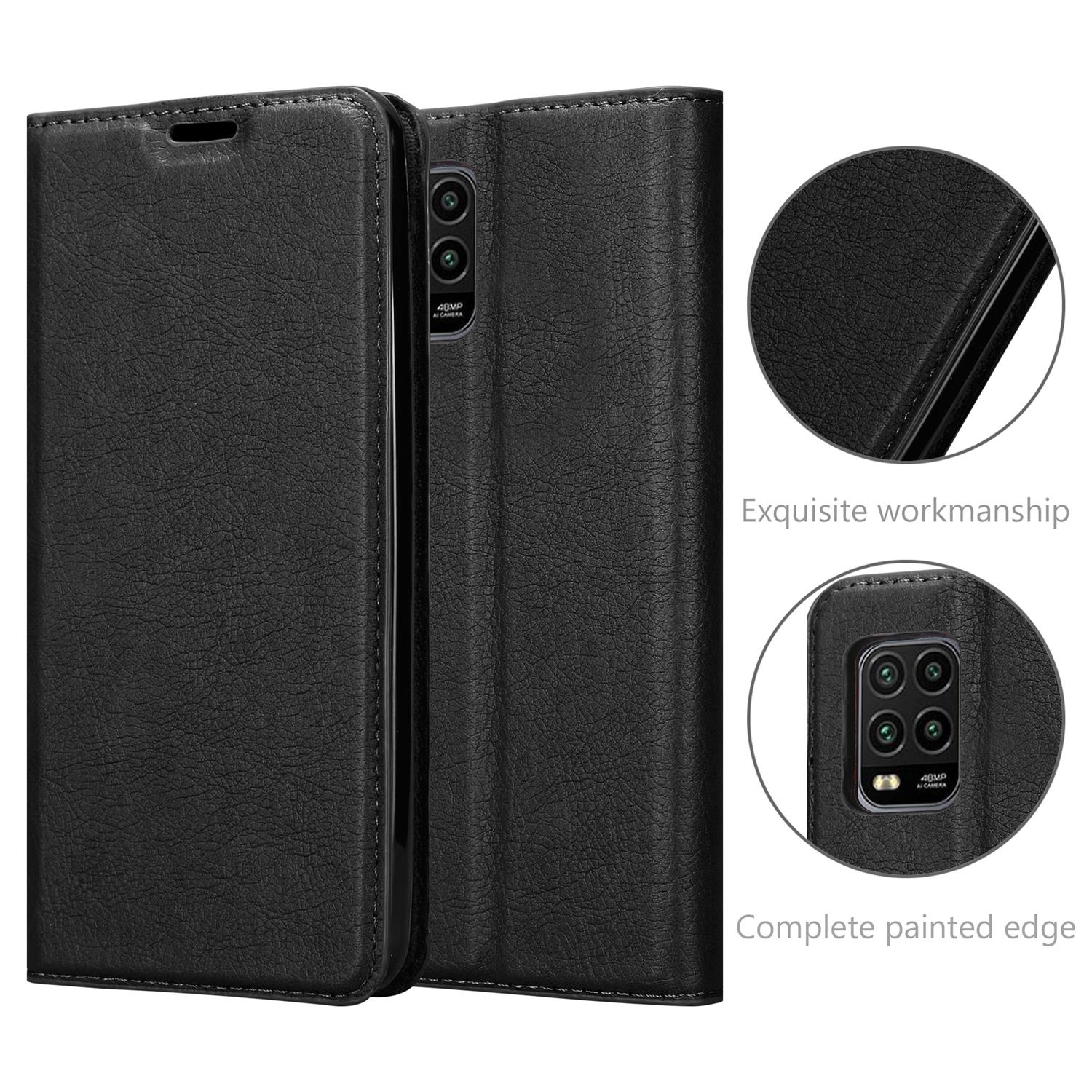Schwarze Handy-Brieftasche. Die Hülle ist geschlossen. Zwei Nahaufnahmen zeigen die Details und den Rand.