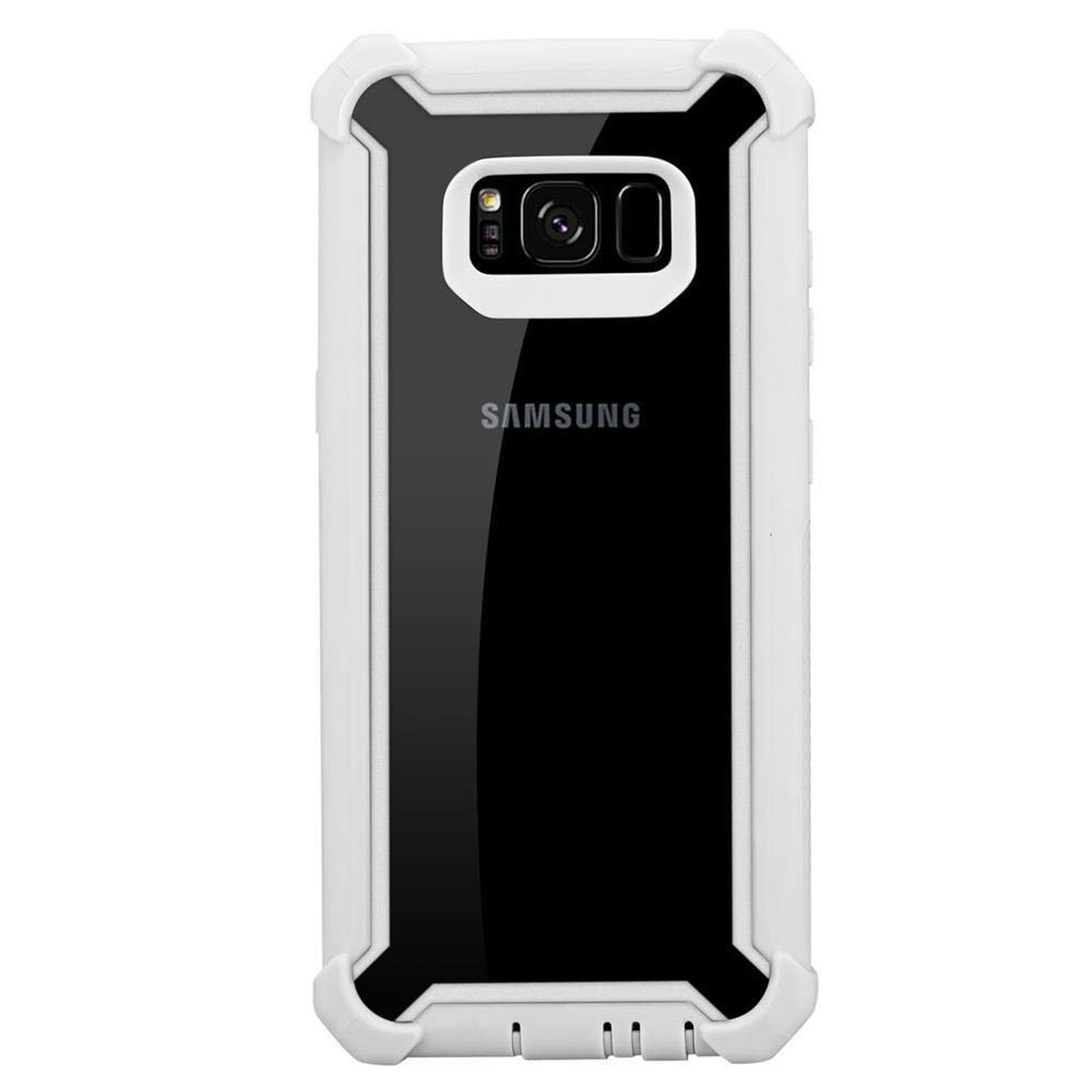 Custodia per telefono bianca e nera con un telefono all'interno. Il telefono è nero. La custodia ha un logo Samsung.
