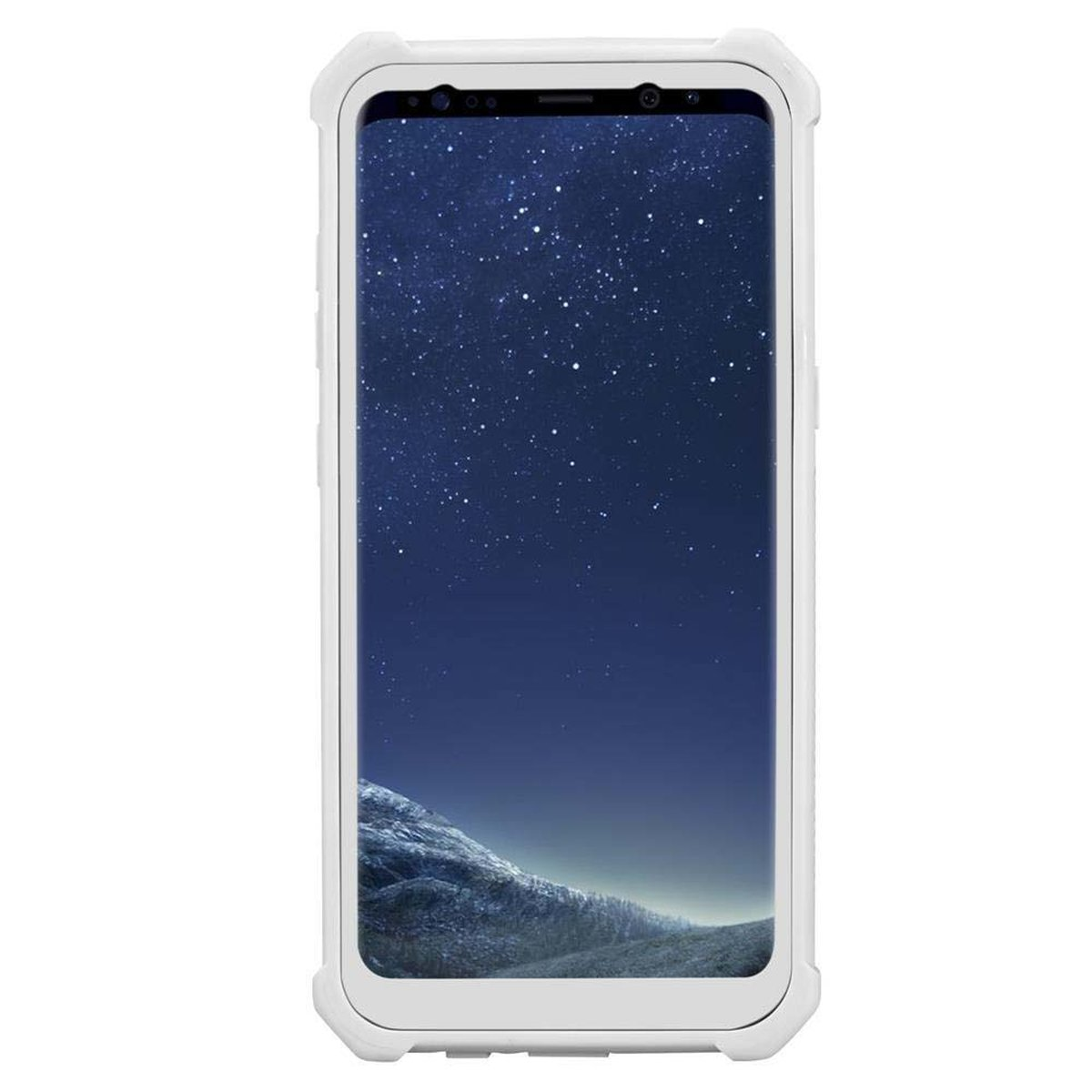 Telefono bianco in una custodia bianca. Lo schermo mostra un cielo stellato sopra una montagna.