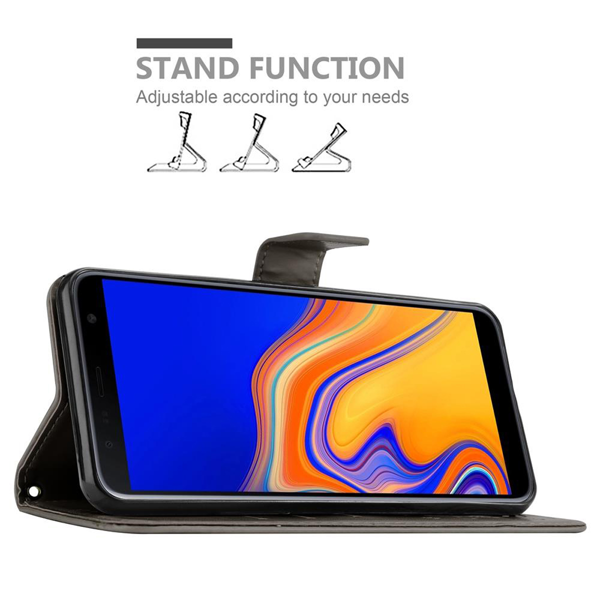 Telefono in custodia, aperto, mostra lo schermo. Testo: FUNZIONE STAND.