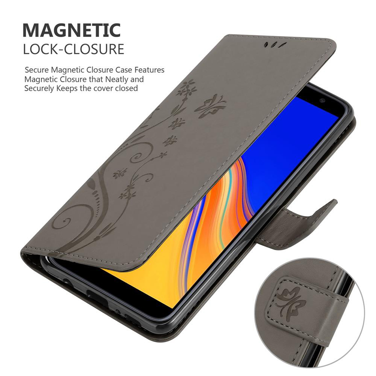 Custodia per telefono grigia aperta con design floreale. Il telefono è visibile all'interno, con chiusura magnetica.